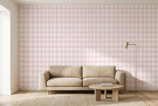 Papel tapiz Quadrille Rosa instalado en una sala de estar minimalista