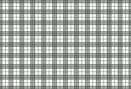 Papel tapiz con diseño de cuadrícula geométrica estilo tartán en verde salvia sobre fondo blanco.