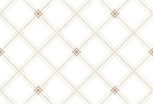 Papel tapiz con patrón geométrico de rombos y líneas en tonos beige y crema sobre fondo blanco.