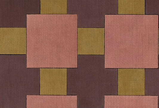 Papel tapiz con diseño geométrico de cuadros en tonos rosa viejo, mostaza y ciruela con textura textil.