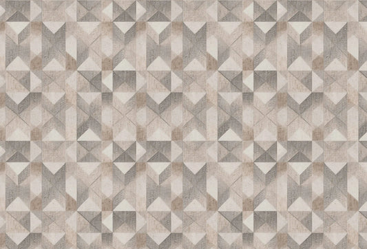 Papel tapiz con patrón geométrico en relieve 3D en tonos beige, gris cálido y crema.
