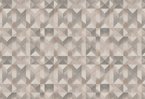 Papel tapiz con patrón geométrico en relieve 3D en tonos beige, gris cálido y crema.