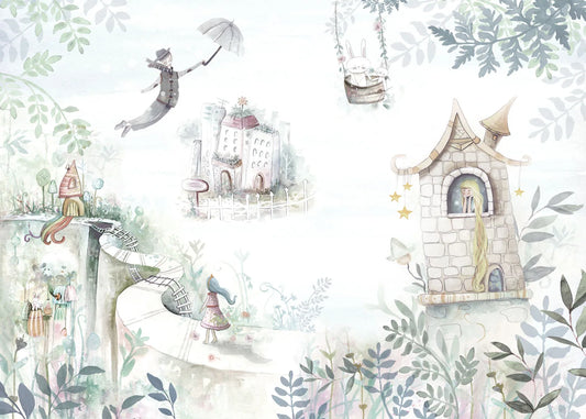 Papel tapiz mural infantil con Rapunzel en su torre, personajes mágicos y ramas en acuarela pastel.