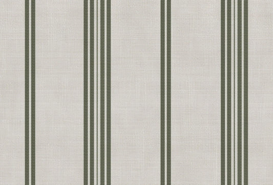 Papel tapiz con patrón de rayas verticales verde oliva sobre fondo texturizado tipo lino beige.