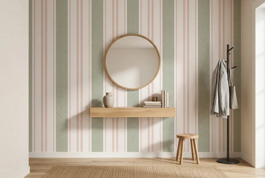 Papel tapiz Rayas Oxford instalado en un recibidor de estilo nórdico