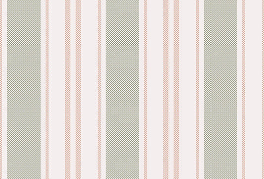 Papel tapiz de rayas verticales con textura tramada en tonos verde salvia, terracota y fondo beige claro.