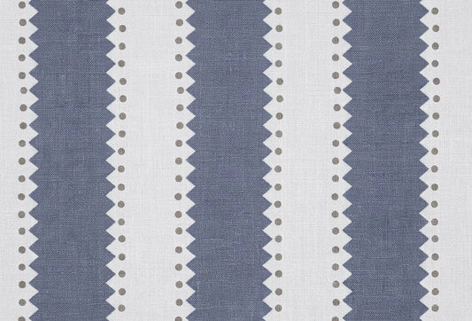 Papel tapiz de franjas verticales en azul pizarra con bordes zigzag y puntos sobre fondo blanco.