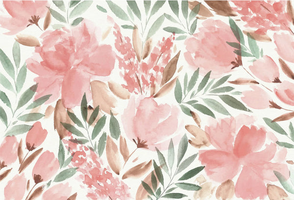 Papel tapiz con estampado botánico de peonías y flores en acuarela rosa empolvado con hojas verdes sobre fondo claro