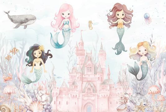 Papel tapiz infantil con sirenas en acuarela, castillo de cuento rosado y animales marinos sobre fondo pastel.