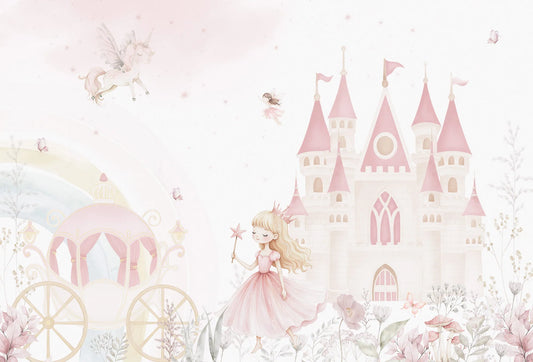 Papel tapiz infantil con ilustración en acuarela de princesa, castillo de cuento de hadas y carruaje rosa.