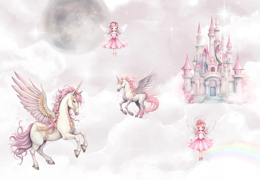 Papel tapiz infantil con unicornios alados, hadas y un castillo de fantasía entre nubes rosadas.