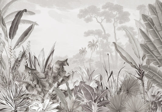 Papel tapiz mural con paisaje botánico tropical en escala de grises y estilo de grabado clásico para sala.