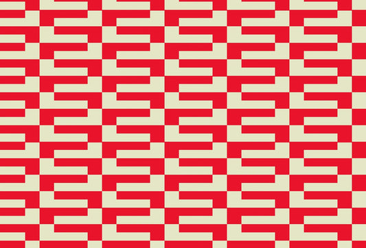 Papel tapiz con patrón geométrico retro en bloques rojo vibrante y crema