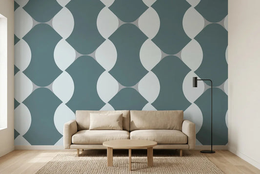 Papel tapiz Retro Modular instalado en una sala de estar minimalista