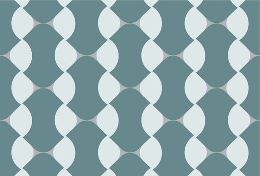 Papel tapiz con patrón geométrico retro de formas curvas entrelazadas en tonos azul pizarra y blanco.
