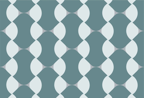 Papel tapiz con patrón geométrico retro de formas curvas entrelazadas en tonos azul pizarra y blanco.