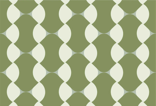 Papel tapiz con patrón geométrico retro de formas curvas entrelazadas en verde oliva y marfil.