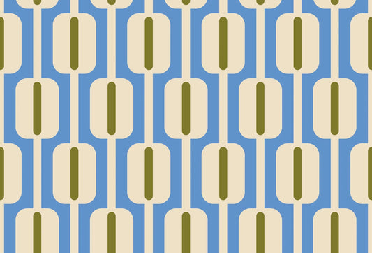 Papel tapiz retro con patrón geométrico de óvalos verticales en tonos azul, crema y verde oliva.