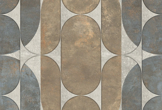 Papel tapiz con patrón geométrico retro de arcos y óvalos en tonos tierra y gris pizarra con textura mineral.