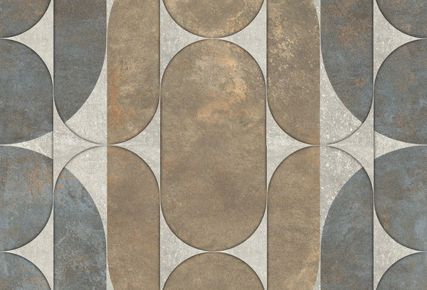 Papel tapiz con patrón geométrico retro de arcos y óvalos en tonos tierra y gris pizarra con textura mineral.