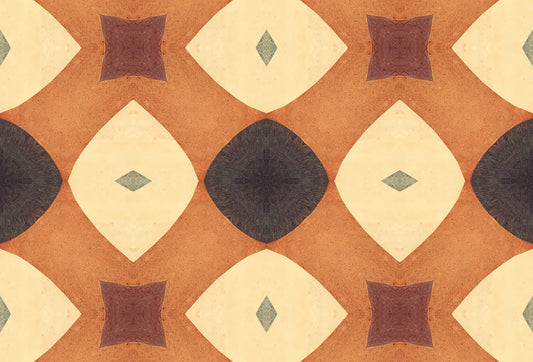 Papel tapiz con patrón geométrico estilo retro en tonos terracota, crema y marrón chocolate.