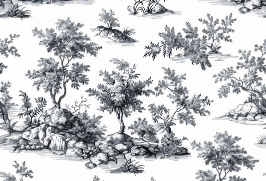 Papel tapiz estilo Toile de Jouy en blanco y negro con grabados de árboles y paisajes rocosos.