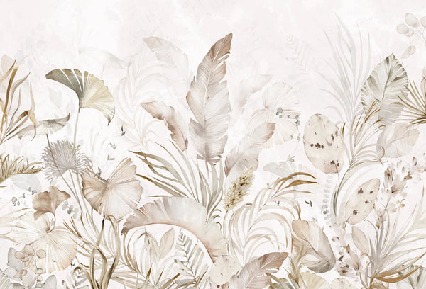 Papel tapiz mural con hojas secas tropicales, ginkgo y palmas en tonos neutros beige y crema.