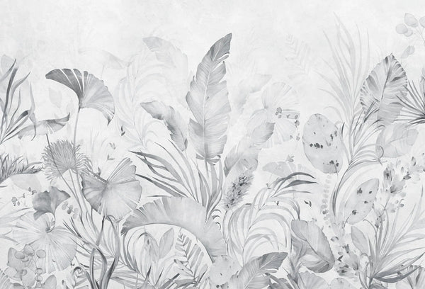 Papel tapiz mural botánico en tonos grises con hojas tropicales y ginkgo en acuarela sobre fondo claro.