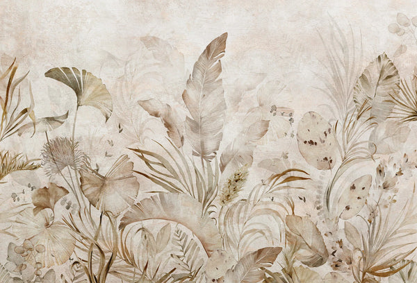 Papel tapiz mural con hojas tropicales y follaje botánico en tonos sepia y beige