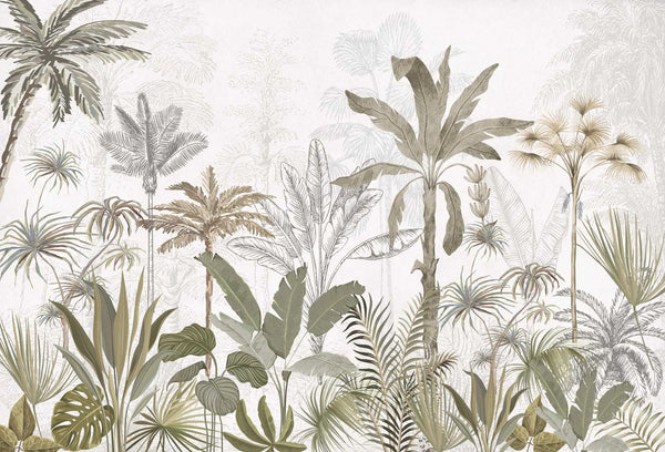 Papel tapiz mural con ilustración botánica de palmeras y plantas tropicales en tonos verde salvia y beige