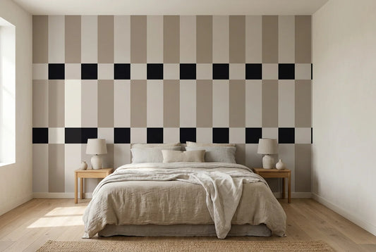 Papel tapiz Ritmo Retro Empapelados y Patrones instalado en un dormitorio sereno