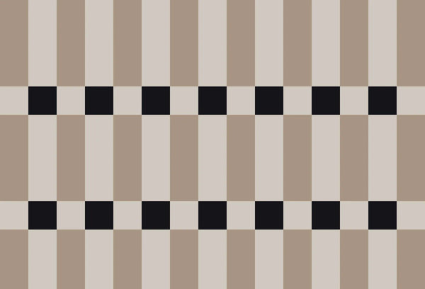 Papel tapiz con patrón geométrico retro de franjas verticales en tonos beige, topo y detalles de cuadros negros.