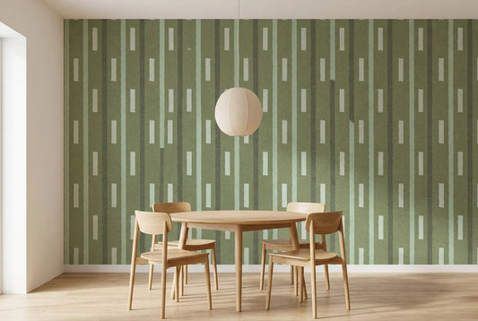 Papel tapiz Ritmo Verde instalado en un comedor luminoso