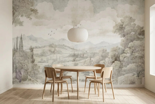 Papel tapiz Riverland instalado en un comedor luminoso