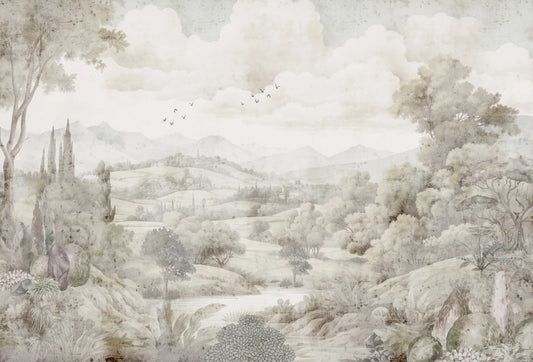 Papel tapiz mural con paisaje clásico pastoral en tonos beige y gris con río, colinas y nubes suaves.