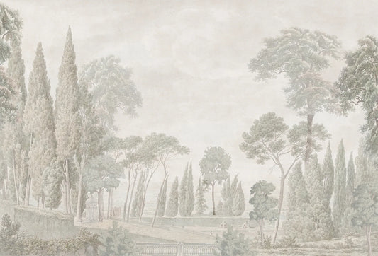 Papel tapiz con mural de paisaje clásico de cipreses y jardín toscano en tonos gris y beige