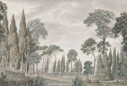 Papel tapiz mural con paisaje clásico de cipreses, jardines y pinos en tonos olivo y sepia