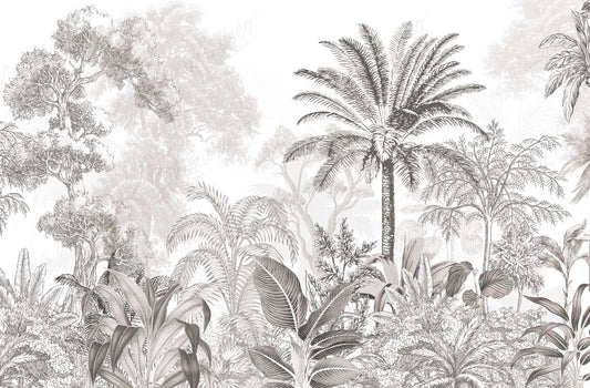 Papel tapiz mural Romanie con grabado botánico vintage de palmeras y follaje tropical en tonos grises sobre fondo claro