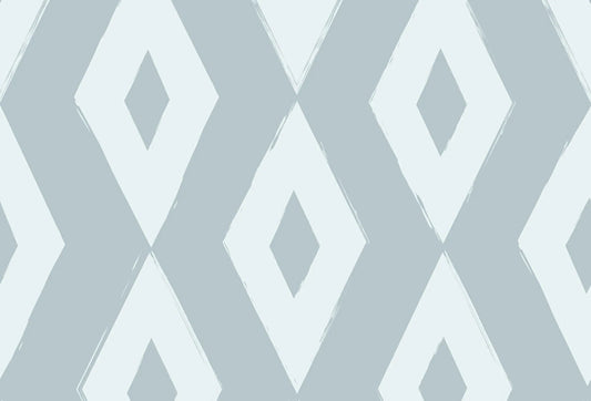Papel tapiz con patrón geométrico de grandes rombos en tono azul grisáceo y blanco con trazo suave.