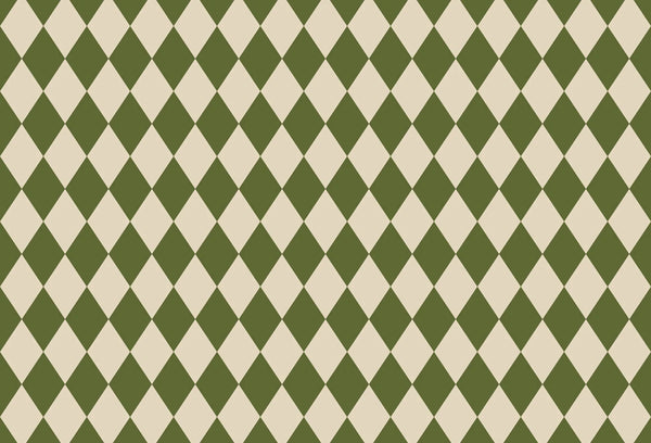 Papel tapiz con patrón geométrico de rombos arlequín en verde oliva y beige claro de estilo retro.
