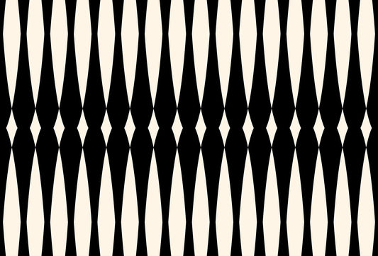Papel tapiz con diseño geométrico de rombos alargados y estilizados en blanco y negro de estilo retro.