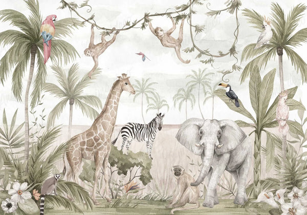 Papel tapiz mural infantil con elefante, jirafa y monos entre palmeras en acuarela