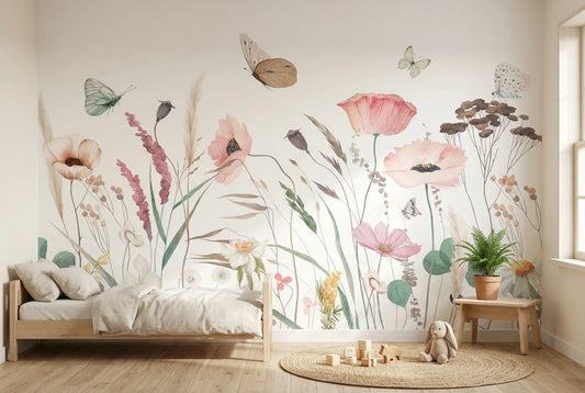 Papel tapiz Rosalía instalado en una habitación infantil