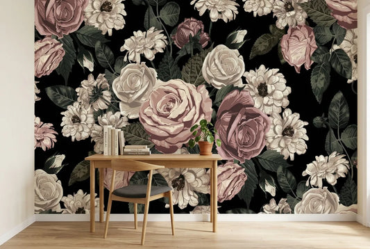 Papel tapiz Rosas Vintage instalado en un espacio de trabajo en casa