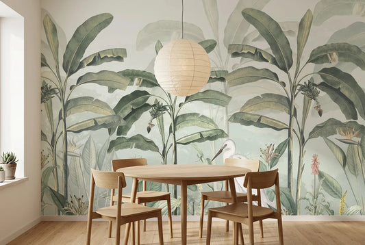 Papel tapiz Royal Palms instalado en un comedor luminoso