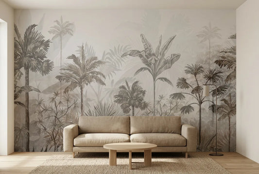 Papel tapiz Royal Palms III instalado en una sala de estar minimalista