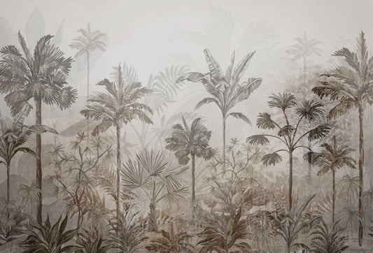 Papel tapiz mural con ilustración botánica de palmeras tropicales en tonos sepia y beige