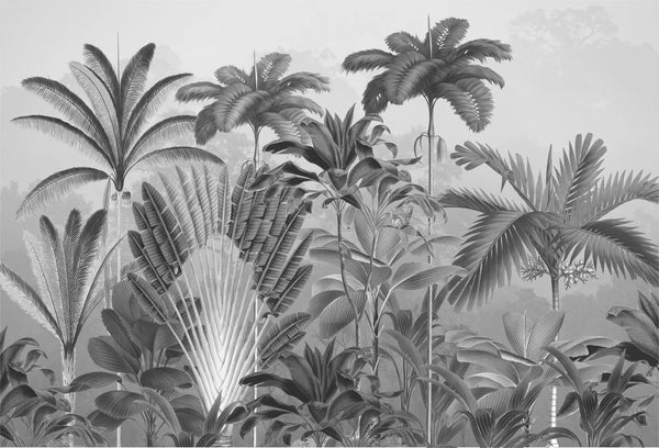 Papel tapiz mural botánico con palmeras tropicales en escala de grises y estilo grabado