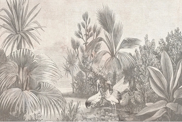 Papel tapiz mural con grabado botánico vintage de palmeras, vegetación tropical y grullas en tonos gris y beige