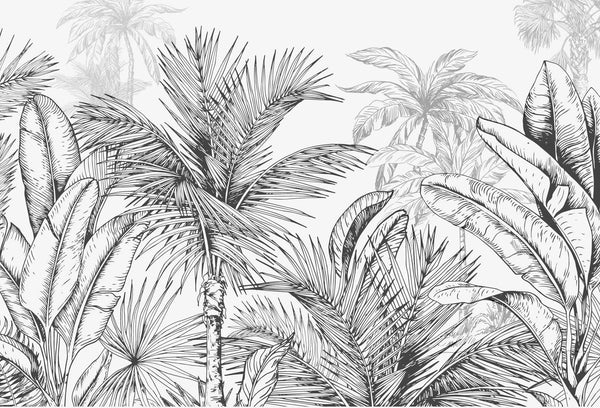 Papel tapiz mural con ilustración botánica en grabado blanco y negro de palmeras y hojas tropicales